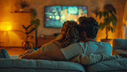 Naklejka premium Couple spending time at home sitting on couch and watching TV 