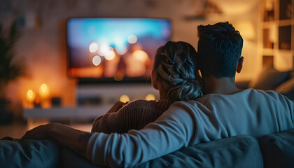 Fototapeta premium Couple spending time at home sitting on couch and watching TV 