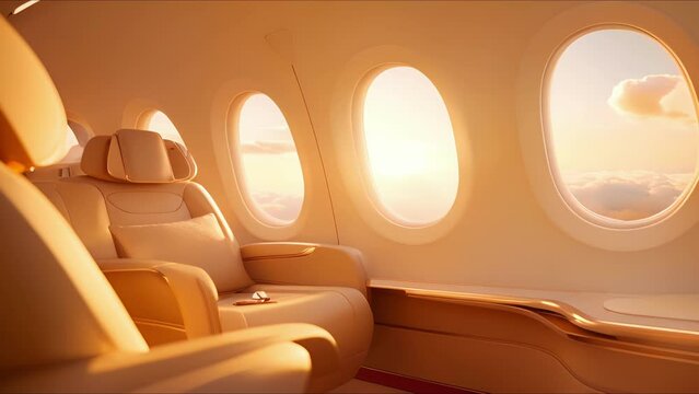 Indulge in the surreal sensation of floating a the clouds, watching as the gentle sunlight casts its golden glow across the private jets interior.