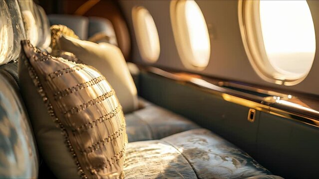 From the window of this private jet, the horizon stretches out like a painting, while inside, the silky fabrics and plush cushions create a cozy and indulgent environment for guests.