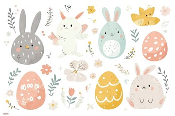 Minimalism and abstract cartoon vector very cute kawaii easter clipart, organic forms, desaturated light and airy pastel color palette, nursery art, white background.