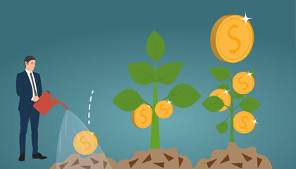 Young businessman is watering the money planted in the ground for the money tree to grow. Business, finance, investment, banking or profit interest. Vector illustration.