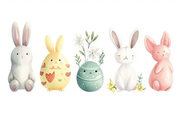 Obraz premium Minimalism and abstract cartoon vector very cute kawaii easter clipart, organic forms, desaturated light and airy pastel color palette, nursery art, white background.