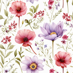 Seamless pattern of Asian flowers, watercolor, Wrapping paper pattern