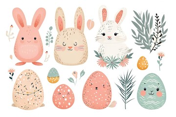 Minimalism and abstract cartoon vector very cute kawaii easter clipart, organic forms, desaturated light and airy pastel color palette, nursery art, white background.
