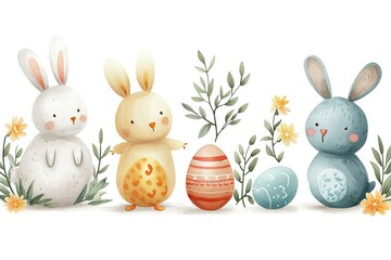 Obraz premium Minimalism and abstract cartoon vector very cute kawaii easter clipart, organic forms, desaturated light and airy pastel color palette, nursery art, white background.
