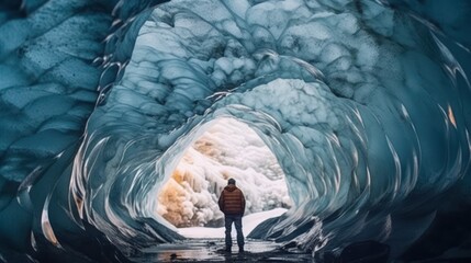 rear view of a man standing in a glacier cave.Rear view and blue cloudy sky.