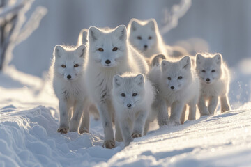 Naklejka na ściany i meble An endearing scene captures an Arctic fox family engaged in playful activities in the snow