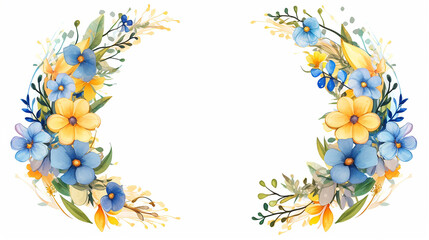 Fototapeta na wymiar beautiful round nature frame with blue and yellow flowers and leaves on white background
