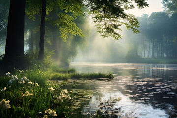 Obraz premium misty morning in the forest