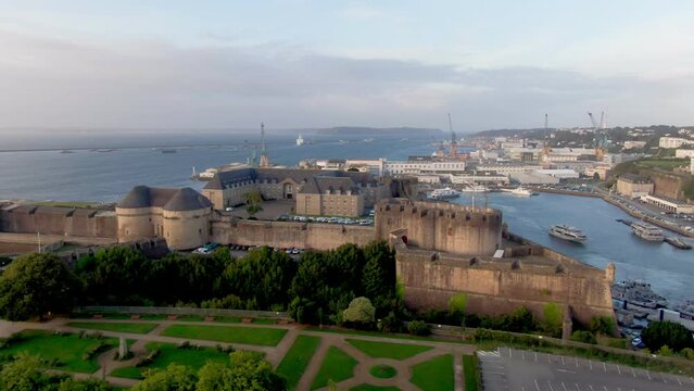 Wide drone shot orbiting round Brest Castle in Brest Fra