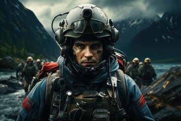 Fototapeta premium Military special forces soldier wear full helmet and weapon in the war zone.