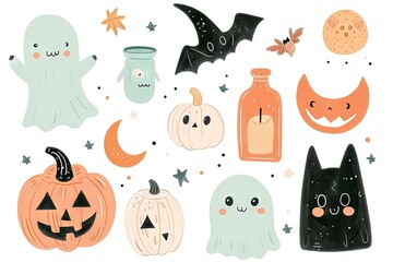 Minimalism and abstract cartoon vector very cute kawaii halloween clipart, organic forms, desaturated light and airy pastel color palette, nursery art, white background.