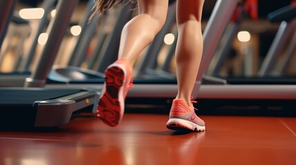 symbolizes the start of the new year. Close up of feet, sportswoman runner running on treadmill in fitness club. Cardio workout. Healthy lifestyle, guy training.