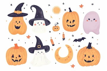 Minimalism and abstract cartoon vector very cute kawaii halloween clipart, organic forms, desaturated light and airy pastel color palette, nursery art, white background.