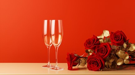Valentines day background with red roses, gift boxes and champagne