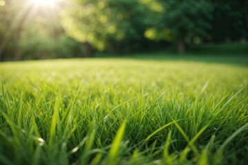 Fresh green grass under the sun, lawn yard landscape sunray generative ai nature beautiful background