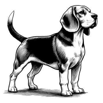 Full-length portrait of a standing Beagle. Vector illustration isolated on white. Engraving vintage style illustration for print, tattoo, t-shirt, coloring book