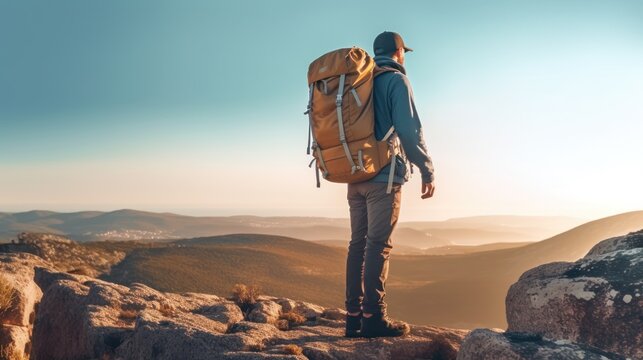 Tourist in mountain valley in the summer time