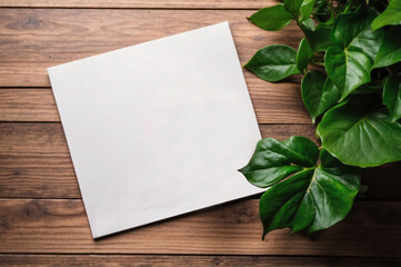 blank note paper on wooden background with plant, new year planning resolution, copy space, note book top view
