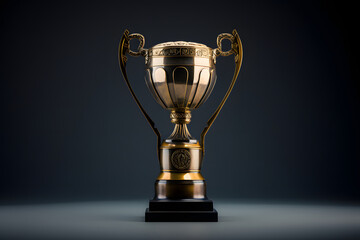 Gold Trophy Cup. A trophy to signify victory and goal success , champion golden trophy with dark background copy space for your design win concept.