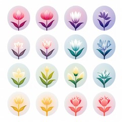 Fototapeta na wymiar Set of flat gradient icons featuring various flowers on a white background