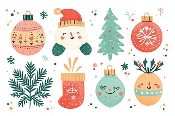 Minimalism and abstract cartoon vector very cute kawaii christmas, xmas clipart, organic forms, desaturated light and airy pastel color palette, nursery art, white background.