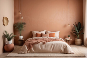 Fototapeta na wymiar Bed with terra cotta pillows against beige stucco wall. Boho interior design of modern bedroom.