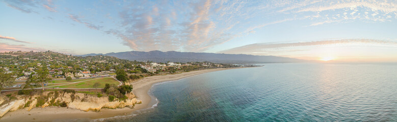 Fototapeta premium Aerial views, Santa Barbara downtown, Stearns Wharf, Santa Barbara Harbor