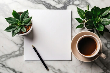 blank note paper on white marble background with a cup of coffee and plant, new year planning resolution, copy space, note book top view
