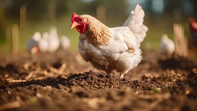 Closeup of a chicken scratching in the dirt, helping to naturally fertilize the soil.