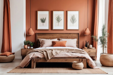 Rustic wooden bed with terracotta pillows and two bedside cabinets against white wall with three posters frames. Farmhouse interior design of modern bedroom.