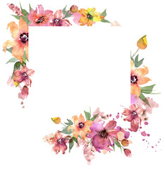 Watercolor hand painted colorful floral frame. PNG transparent spring background