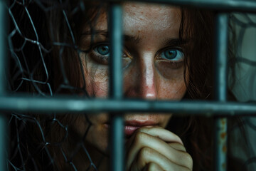 Portrait of the woman prisoner with hands on a steel lattice