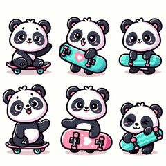 Cute Panda Play Skateboard Vector Icon Illustration. Panda Mascot Cartoon Character. Animal Icon Concept White Isolated. Flat Cartoon Style Suitable for Web Landing Page, Banner, Flyer, Sticker