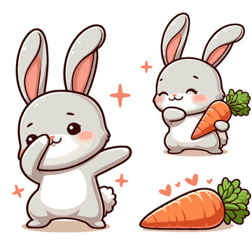 Cute Rabbit Dabbing Pose With Carrot Cartoon Vector Icon Illustration. Animal Icon Concept Isolated Premium Vector. Flat Cartoon Style