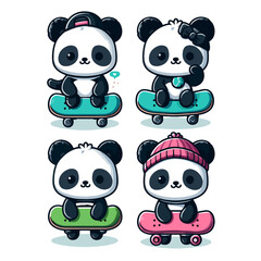 Cute Panda Play Skateboard Vector Icon Illustration. Panda Mascot Cartoon Character. Animal Icon Concept White Isolated. Flat Cartoon Style Suitable for Web Landing Page, Banner, Flyer, Sticker