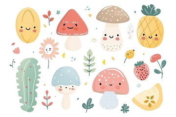 Naklejka premium Minimalism and abstract cartoon vector very cute kawaii summer feelings, vibes clipart, organic forms, desaturated light and airy pastel color palette, nursery art, white background.
