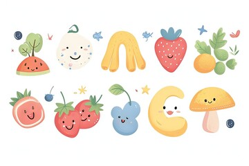 Minimalism and abstract cartoon vector very cute kawaii summer feelings, vibes clipart, organic forms, desaturated light and airy pastel color palette, nursery art, white background.