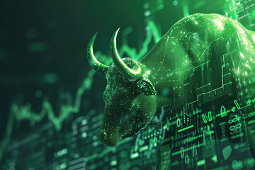 Stock market bull market trading Up trend of graph green background rising price - obrazy, fototapety, plakaty