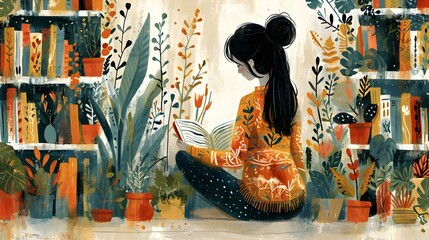 Woman Reading Amongst Lush Indoor Plants