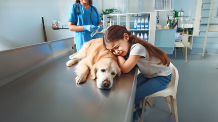 Petite fille chez le vétérinaire qui pleure la mort de son chien un Golden retriever , qui vient d'être euthanasié sur la table de consultation. Le vétérinaire est derrière avec la seringue - obrazy, fototapety, plakaty