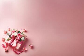 Ressource graphique pour Saint valentin, mariage, anniversaire, déclaration d'amour. Cadeau rose ruban rose et roses roses sur fond rose. St Valentin thème Barbie, féminin - Espaces texte - obrazy, fototapety, plakaty