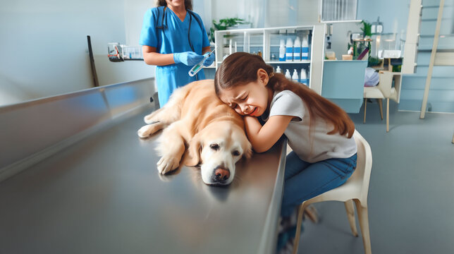 Petite fille chez le v&eacute;t&eacute;rinaire qui pleure la mort de son chien un Golden retriever , qui vient d'&ecirc;tre euthanasi&eacute; sur la table de consultation. Le v&eacute;t&eacute;rinaire est derri&egrave;re avec la seringue