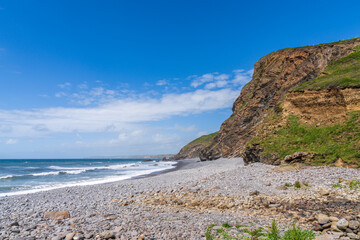 The cliffs and beach in Millook Haven, Cornwall, England, UK