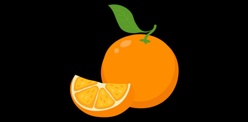 Fresh Juicy Orange Fruit On Black Background, Whole And Slice Of Orange Vector Illustration. 