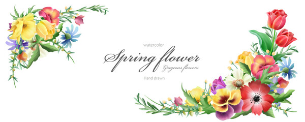 春の華やかな花々の水彩背景/チューリップ、パンジー、ビオラ、ベクター