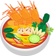 Thai Street Food. Delicious Thai food vector set. Vector Thai food, tom yum koong, spicy prawn soup