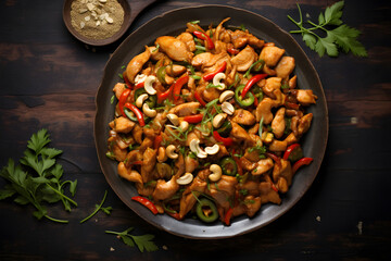 Stir-fried chicken with cashew nuts in black dish on wooden table.