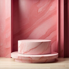 dais podium pedestal display in pink marble texture and background for make-up and beauty product marketing for female woman audience.